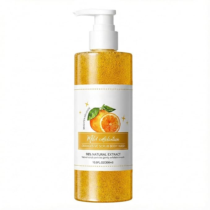 Wayfengli Orange Exfoliating Body Wash - [300ml] Vitamin C Brightening Shower Gel with Natural Scrub - Citrus Scented Mild Body Scrub for Glowing Skin & Roughness - Refreshing Daily Cleanser