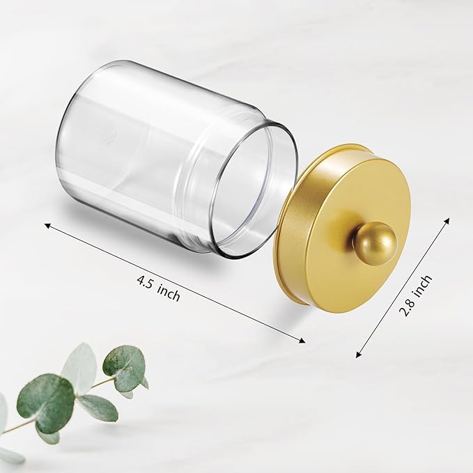 Amolliar Qtip Holder Dispenser - 8 oz Plastic Apothecary Jar Containers for Vanity Makeup Countertop Organizer Storage -Bathroom Canister Accessories Set for Cotton Swab, Ball, Pads, Floss-Gold (6)