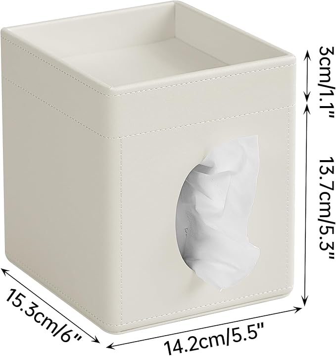Cretkhp Tissue Box Cover, PU Leather Square Tissue Box Holder with Storage Tray for Bathroom Vanity Countertop Night Stands Bedroom Office Desk, Stylish Tissue Holder Decorative Organizer (Cream)