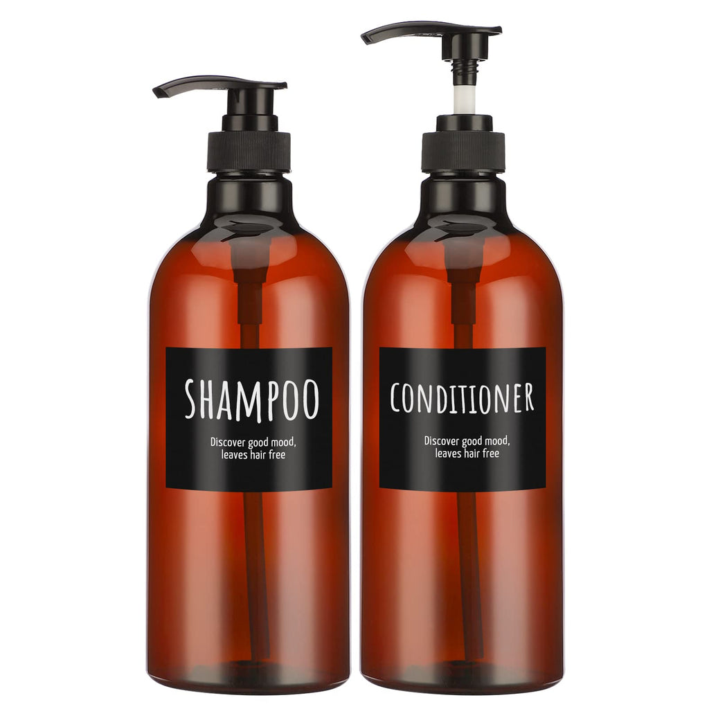 Empty Plastic Bottles with Labels, Segbeauty 33.8oz Large Brown Shampoo Conditioner Reusable Dispenser, 2 Packs of 1000ml Refillable Shower Lotion Pump Press Bottles for Bathroom Hand Soap Body Wash