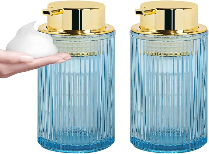 Tonxus Foaming Soap Dispenser, 12 Oz Blue Glass Foam Hand Soap Dispenser, Refillable Glass Foam Pump Bottle Container Decorative Slim Ribbed Bottle for Bathroom and Kitchen