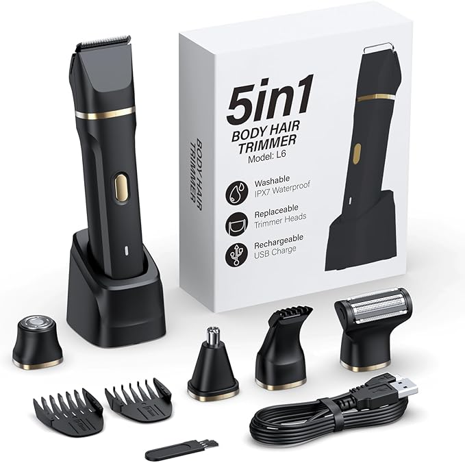 HOHOLE 5-in-1 Bikini Trimmer for Women, IPX7 Waterproof Electric Razors Shaver, Cordless Body Hair Trimmer, Facial & Pubic Hair Removal, Ceramic Blade (Black)