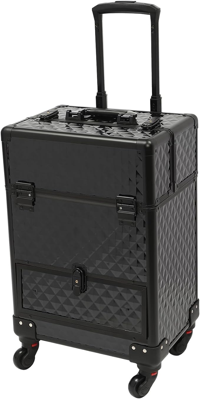 Rolling Makeup Manicure Storage Case, Makeup Trolley Rolling w/4 Universal Wheels Professional Aluminum Cosmetic Trolley Cases w/lock for Studio or Travelling (Black)