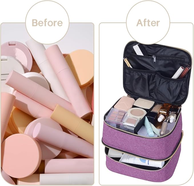 TANPADUAJI Double Layer Makeup Bag Portable Large Cosmetic Case Organizer with Adjustable Dividers Storage Travel Bag for Accessories Brushes Conditioner and Skin Care Products (Purple)
