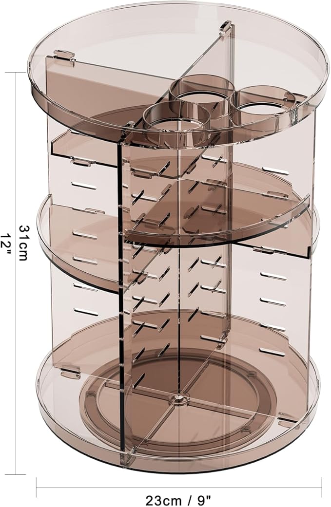 Rotating Makeup Organizer, DIY 8 Adjustable Layers Spinning Skincare Storage, Cosmetic Display Case with Brush Holder and Perfume Tray, Multi-Function Vanity Bathroom Countertop Organizer Clear Coffee