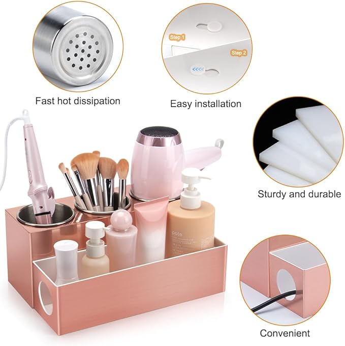 GFWARE Hot Hair Styling Tool Organizer with 3 Stainless Steel Cups, Pink