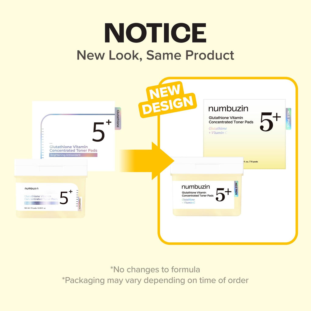 numbuzin No.5 Vitamin-Niacinamide Concentrated Pad, Daily Double-Sided Facial Pads with Glutathione, PHA & LHA for a Fresh, Radiant-Looking Skin Finish 180 ml (70 Pads)
