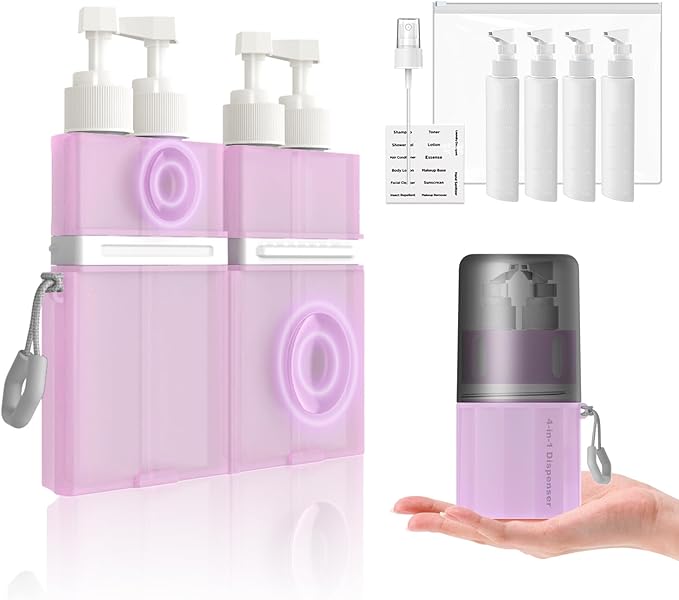 AnOis7ter 4 in 1 Travel Dispenser Bottle, TSA Approved Refillable Shampoo and Conditioner Bottles Set with Suction Cup for Smooth Walls, Travel Size Toiletries Container for Body Wash/Lotion.(Pink)