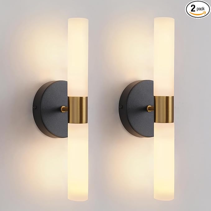 Wall Sconces Set of Two Black and Brass Lamp Sconces Lighting with White Glass Lights Wall Light Sconces Wall Decor Set of 2 for Living Room Wall Scones, Wall Lights