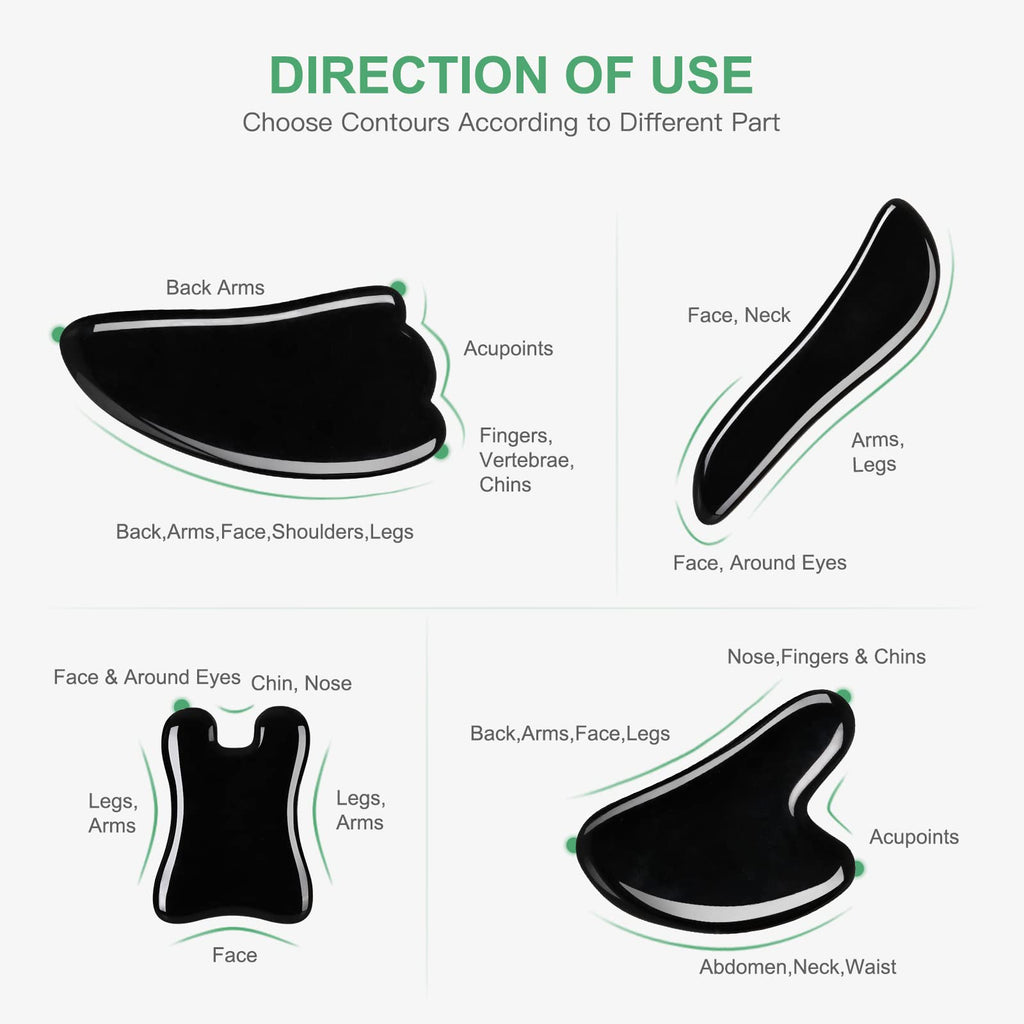 airogym Guasha Massage Tool, Natural Gua Sha Board, 4PCS Guasha Stone Scraping Massage Sets for SPA, Acupuncture, Physical Therapy, Muscle Knots, Facial Caring Point Treatment (Black)