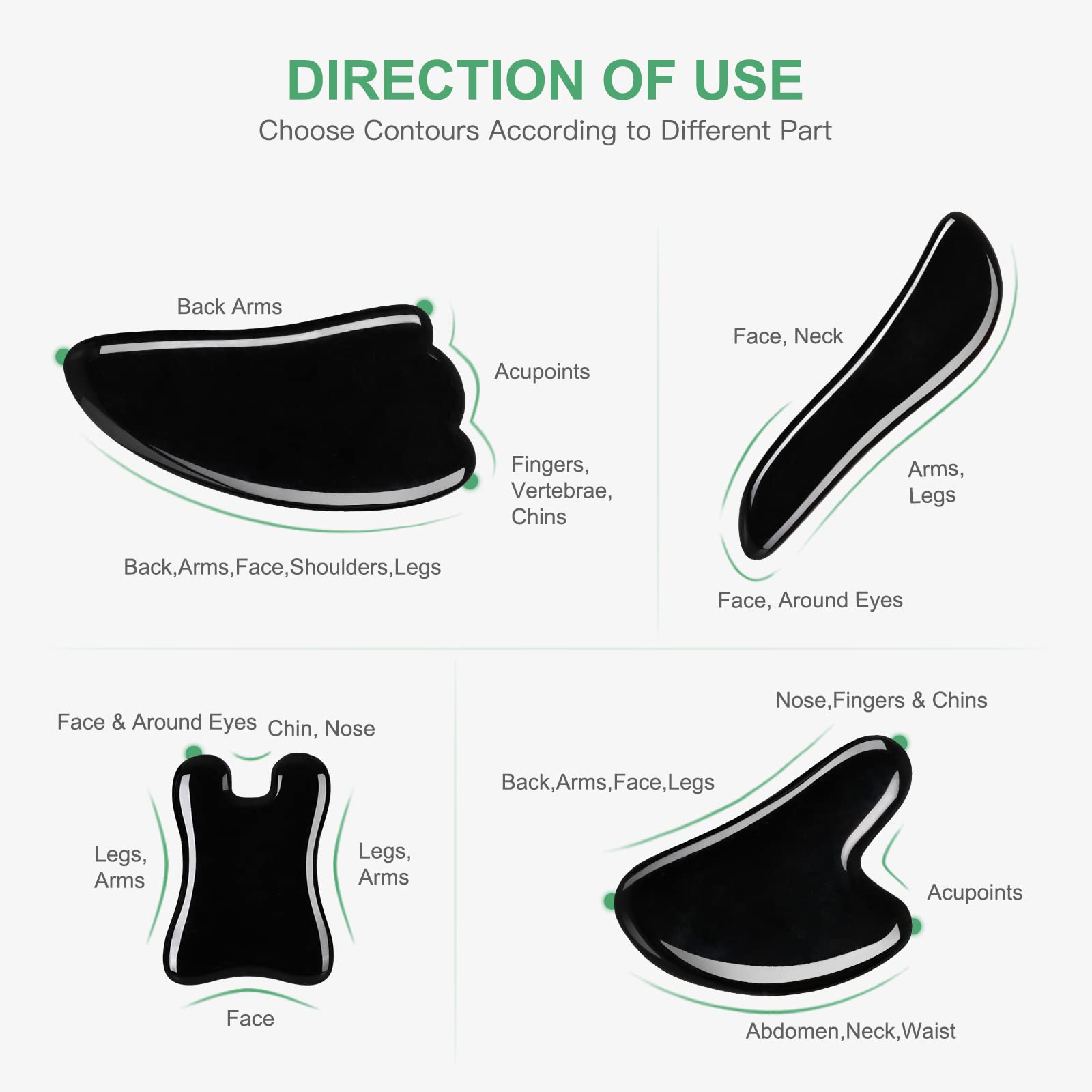 airogym Guasha Massage Tool, Natural Gua Sha Board, 4PCS Guasha Stone Scraping Massage Sets for SPA, Acupuncture, Physical Therapy, Muscle Knots, Facial Caring Point Treatment (Black)