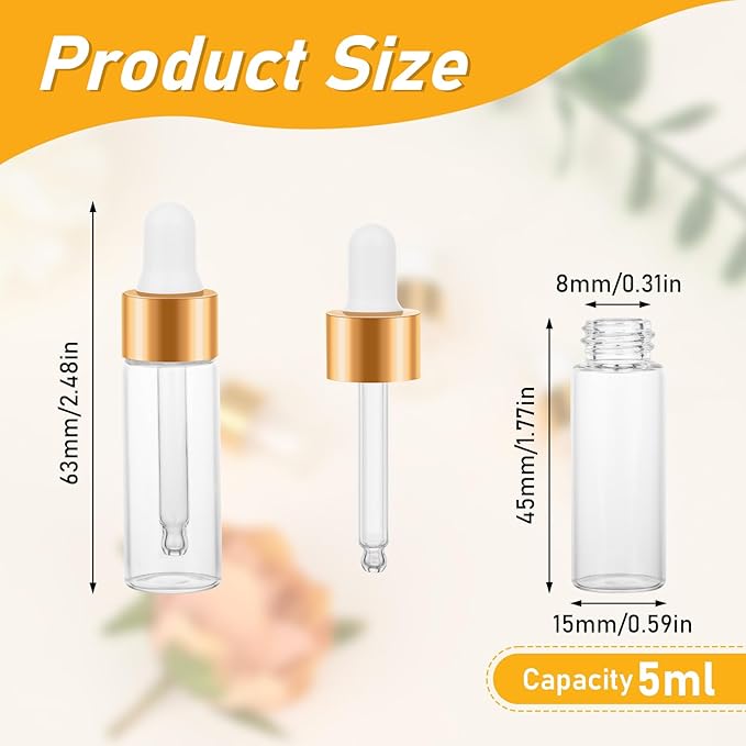 COTOM 100 Pack Mini Dropper Bottle for Cuticle Oil, 5ml Small Sample Essential Oil Dropper Bottles for Travel, Clear Empty Vails for Cosmetic Perfume