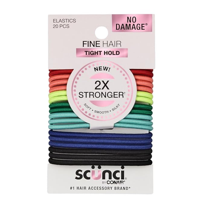Scunci No Damage 2x Stronger Hold Ponytail Holder Hair Ties for Fine Hair, Assorted Vibrant Colors, 20 Count – Extra Strong Elastic Bands for No Breakage, Secure Comfortable Hold