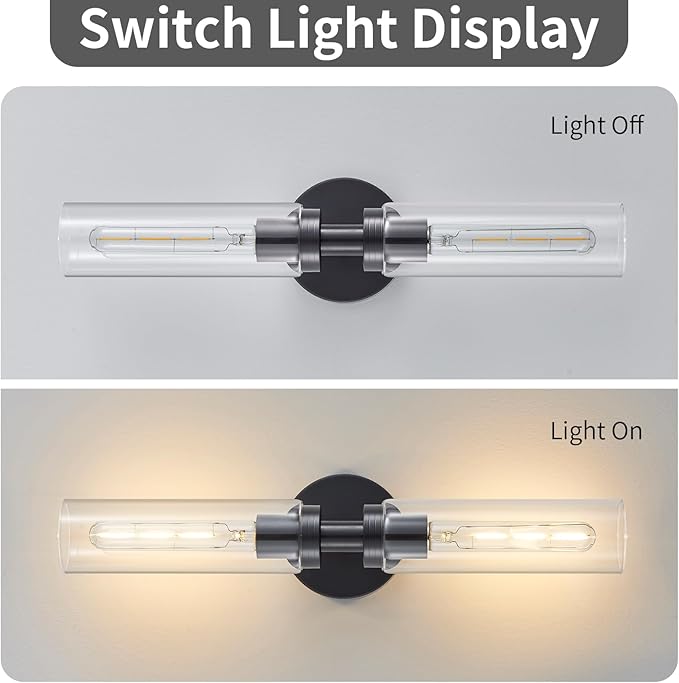 2-Light Black Bathroom Light Fixtures Over Mirror Modern Farmhouse Vanity Light Wall Lighting with Clear Glass Shade for Bathroom, Bedroom, Hallway, Cabinet