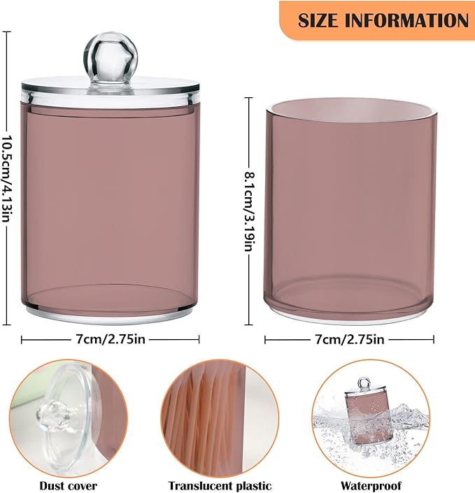 Rosy Brown Qtip Holder Organizer Dispenser Cotton Swabs Cans Plastic Jars with Lid Set 4 Pack Bathroom Storage Canister for Cotton Ball Floss Cotton Pads