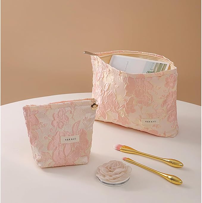 getgto 2 Pcs Makeup Bags, Large Cosmetic Bag Travel Toiletry Bag Organizer for Women, Embroidery Craft, Floral Makeup Bag Small Cosmetic Pouch Purse with Zipper Gifts for Girls Teen