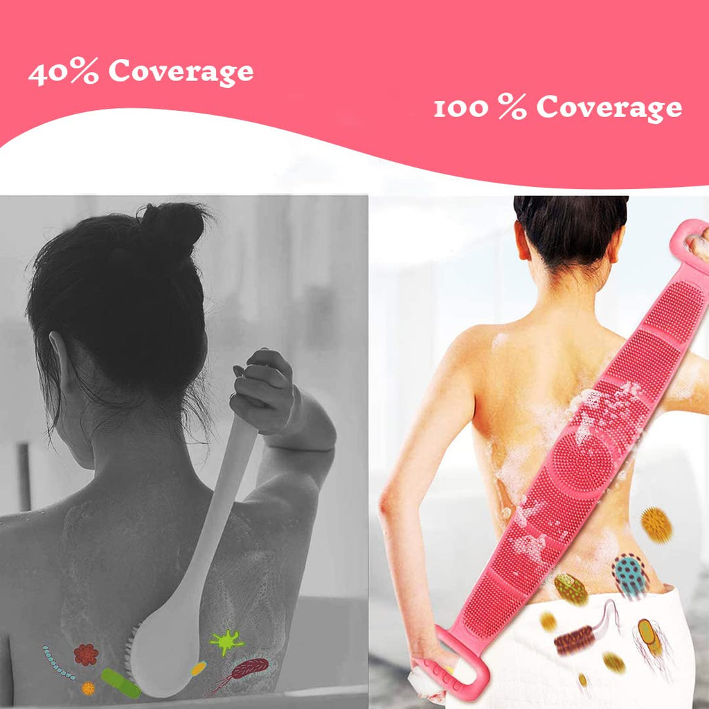 Silicone Back Scrubber Belt (28 inch) Pink – Extra Long-Double-Sided Bath Scrub Strap Gently Massages and Exfoliates Skin - Shower Back Scrubber - Back Washer for Shower Men & Women - Back Exfoliator