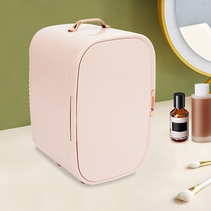 trggvvrt 12L Portable Beauty Fridge with Handle, Compact Fridge for Makeup Lipstick, Cooler & Warmer Cosmetics Refrigerator with Adjustable Shelves for Makeup, Perfumes, Lipsticks (Pink)