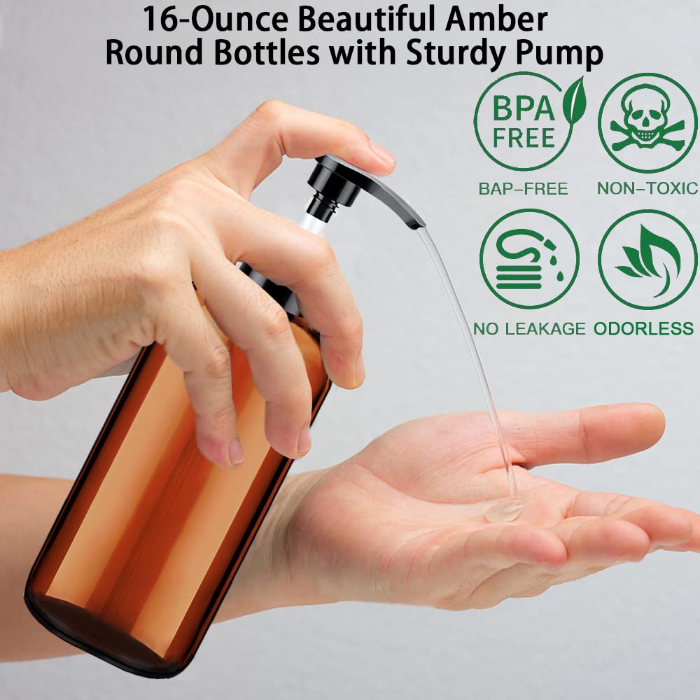 Soap Dispenser with Rust Proof Pump, Waterproof Labels (2 Pack,16 Oz) Bathroom, Plastic Hand Dish Soap Dispenser for Kitchen, Premium Thick Soap Pump Bottles (Amber)