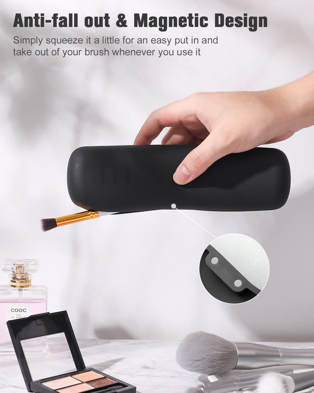 FERYES Large Travel Makeup Brush Holder, Magnetic Anti-fall Out Silicon Portable Cosmetic Face Brushes Holder, Soft and Sleek Makeup Tools Organizer for Travel- (8.27 * 2.36 * 1.57)