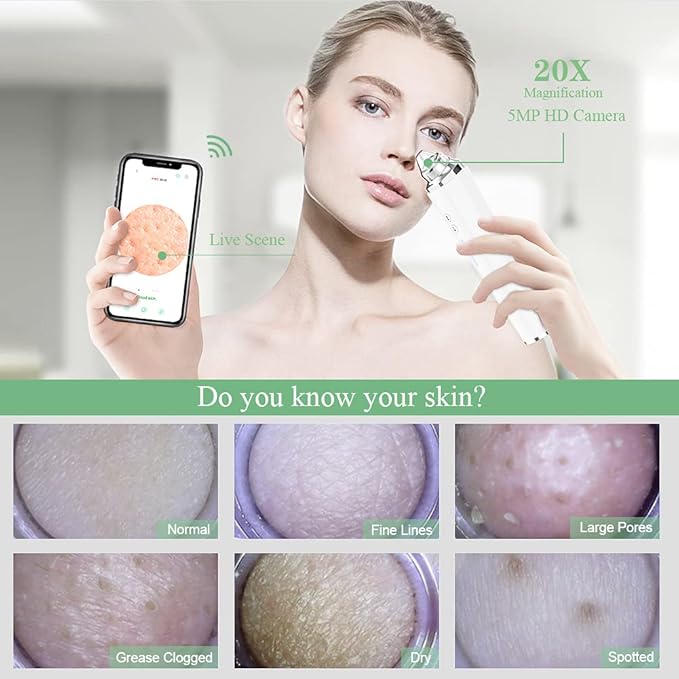 Blackhead Remover Pore Vacuum with 5MP HD Camera, 20X Magnification WiFi Visible Facial Pore Cleanser, FDA-Registered Electric Pimple Acne Comedone Extractor Kit for Men & Women with 6 Probes