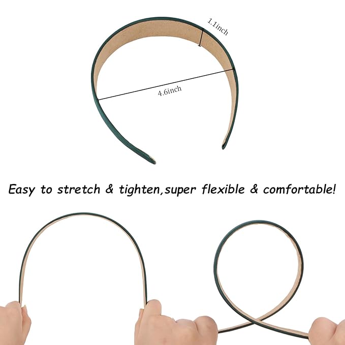 Wecoe 10 Pack Dark Green Headbands 1 Inch Wide Satin Headbands Women Non Slip Fashion Plain Head Bands Solid Hair Bands DIY St. Patrick's Day Hair Accessories for Women Girls Diademas Para Mujer