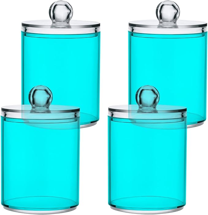 Teal Green Qtip Holder Organizer Dispenser Cotton Swabs Cans Plastic Jars with Lid Set 2 Pack Bathroom Storage Canister for Cotton Ball Floss Cotton Pads