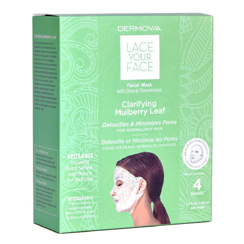 DERMOVIA LACE YOUR FACE Patented Compression Facial Mask, AS SEEN ON SHARK TANK, Reusable Biodegradable Cotton Skin Care, Clarifying Mulberry, 4 pack