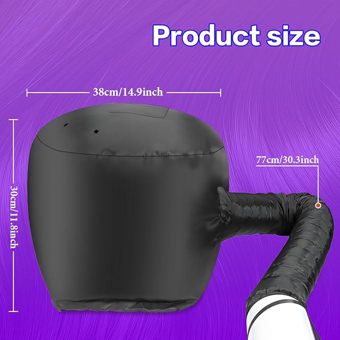 Hooded Hair Dryer Bonnet - Fast Drying for Natural Hair, Deep Conditioning & Curls - Adjustable, Even Heat, Portable Travel (Black)