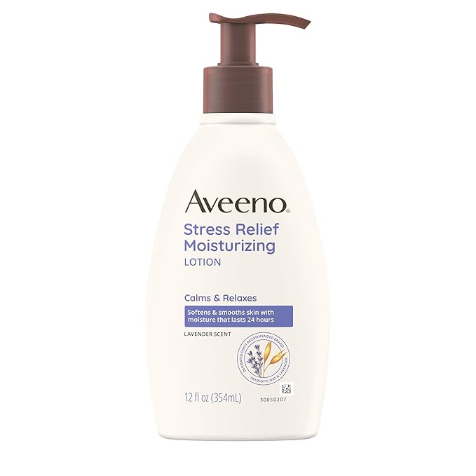 Aveeno Stress Relief Moisturizing Body Lotion with Prebiotic Oat & Lavender Scent for Sensitive Skin, Calms & Relaxes with 48 Hour Hydration, Fast Absorbing & Non-Greasy, 12 fl. oz