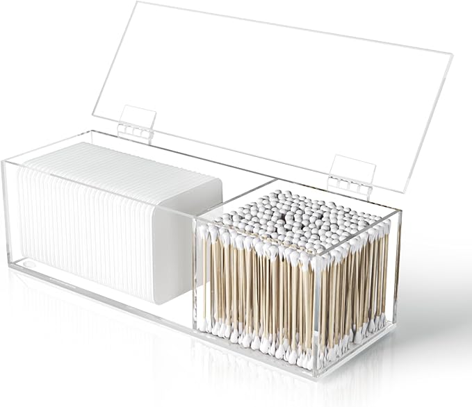 JHJFRAWY Clear Acrylic Qtip Holder for Clean Skin Club Clean² Pads Clean with Flip-Top Lid 2-Grid Canister Cotton Pad and Swab Dispenser Cotton Round Organizer for Bathroom Vanity Countertop