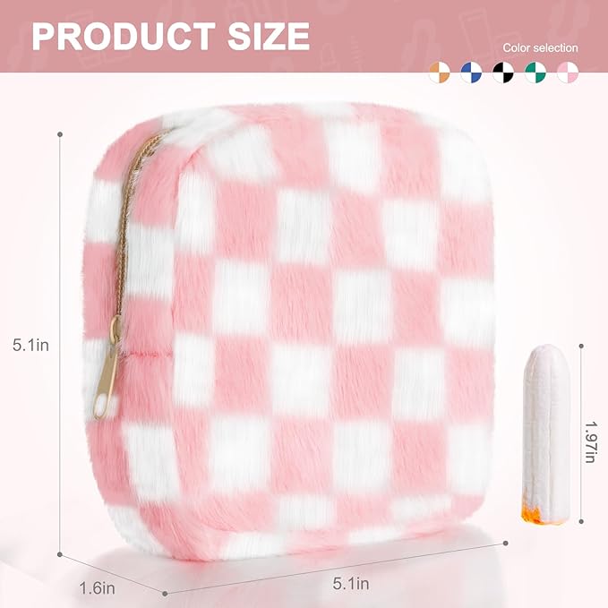 CekPo Sanitary Napkin Storage Bag, Zipper Period Bag, Checkered Portable Menstrual Pad Bag Panty Liners, Tampon Storage Pouch for Women Ladies Daily Use Storage Purse Travel