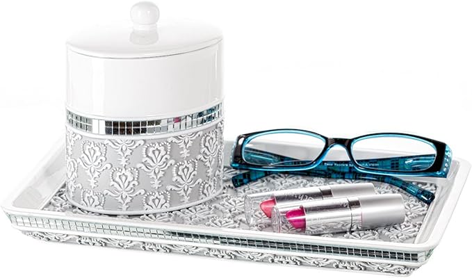 Creative Scents Mirror Damask Gray & White Cotton Swab/Qtip Holder with Lid