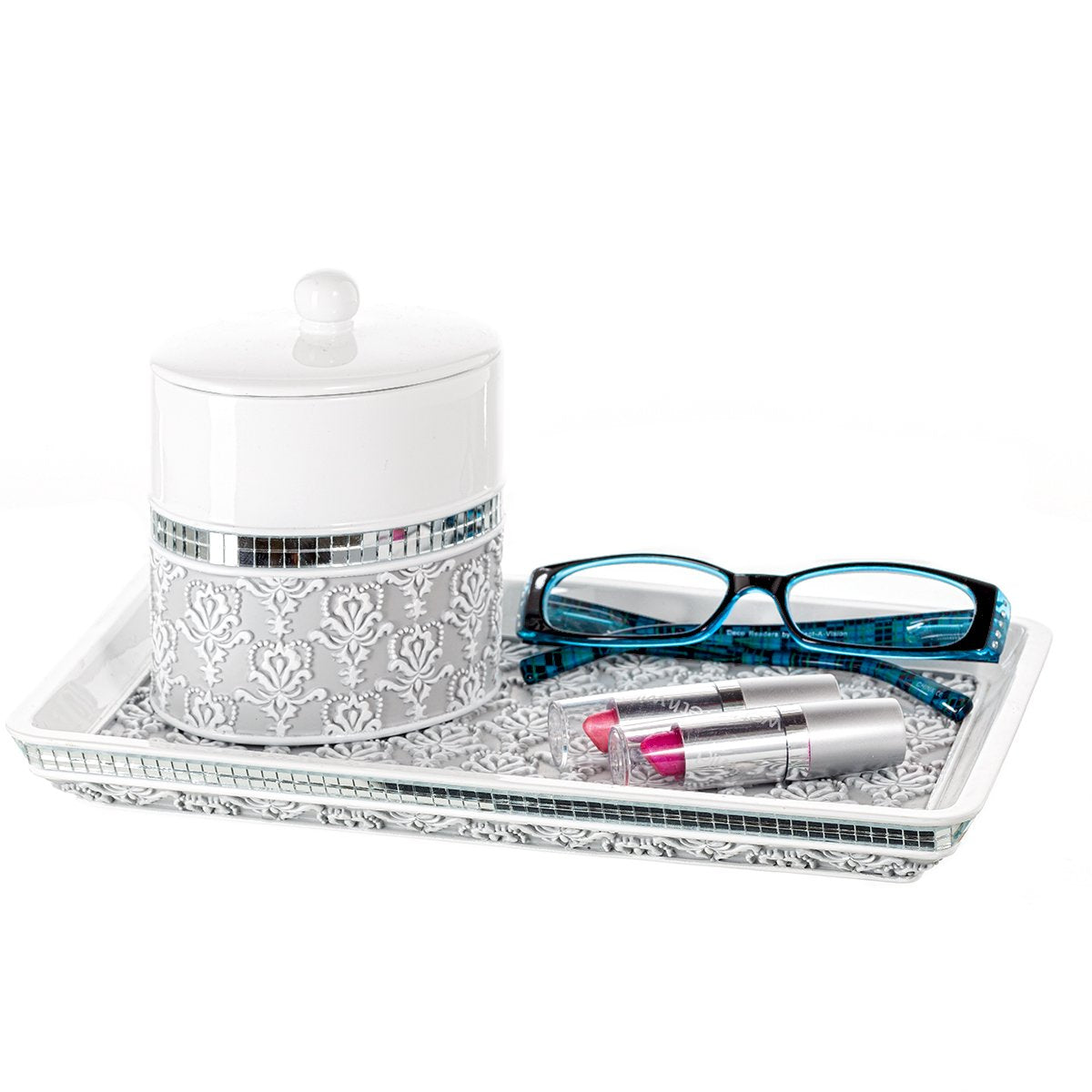 Creative Scents Mirror Damask Gray & White Cotton Swab/Qtip Holder with Lid