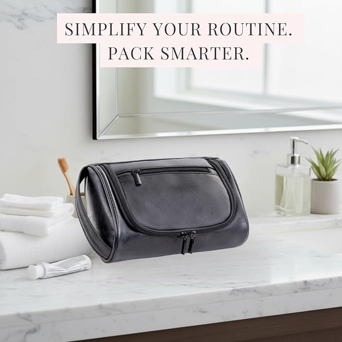 Mens Toiletry Bag, Compact Dopp Kit for Men Travel, PU Leather Shaving Kit, Water-Resistant Minimalist Organizer with Wrist Strap, Fits Grooming Essentials,Small 9X5.9X3 Inch Black