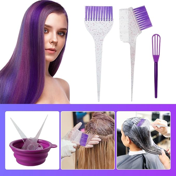 MOONMINI Hair Dye Color Brush and Bowl Set, Color Bowl Brushes Tool Mixing Bowl Kit Tint Comb for Hair Tint Dying Coloring Applicator (Purple&Clear)