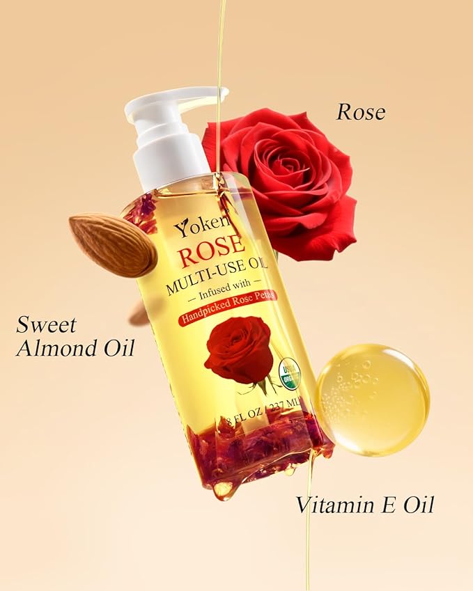 Organic Rose Multi-Use Body Oil For Skin Body, USDA Certified with Petals