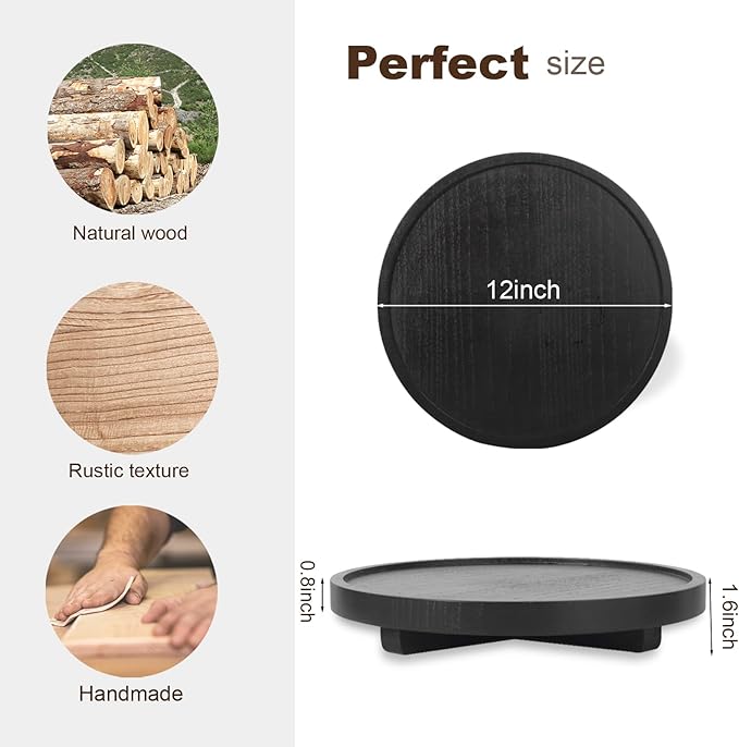 Round Decorative Tray Wood Bathroom Counter Organizer Farmhouse Kitchen Decor Wooden Riser for Soap Dish, Perfume, Candle, Sponge, 12" - Black