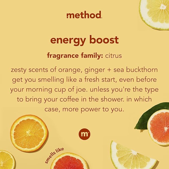 method Body Wash, Energy Boost - Leaves Skin Feeling Soft & Moisturized, Made Without Parabens, Notes of Citrus, Ginger & Sea Buckthorn, 18 fl oz -3 pack