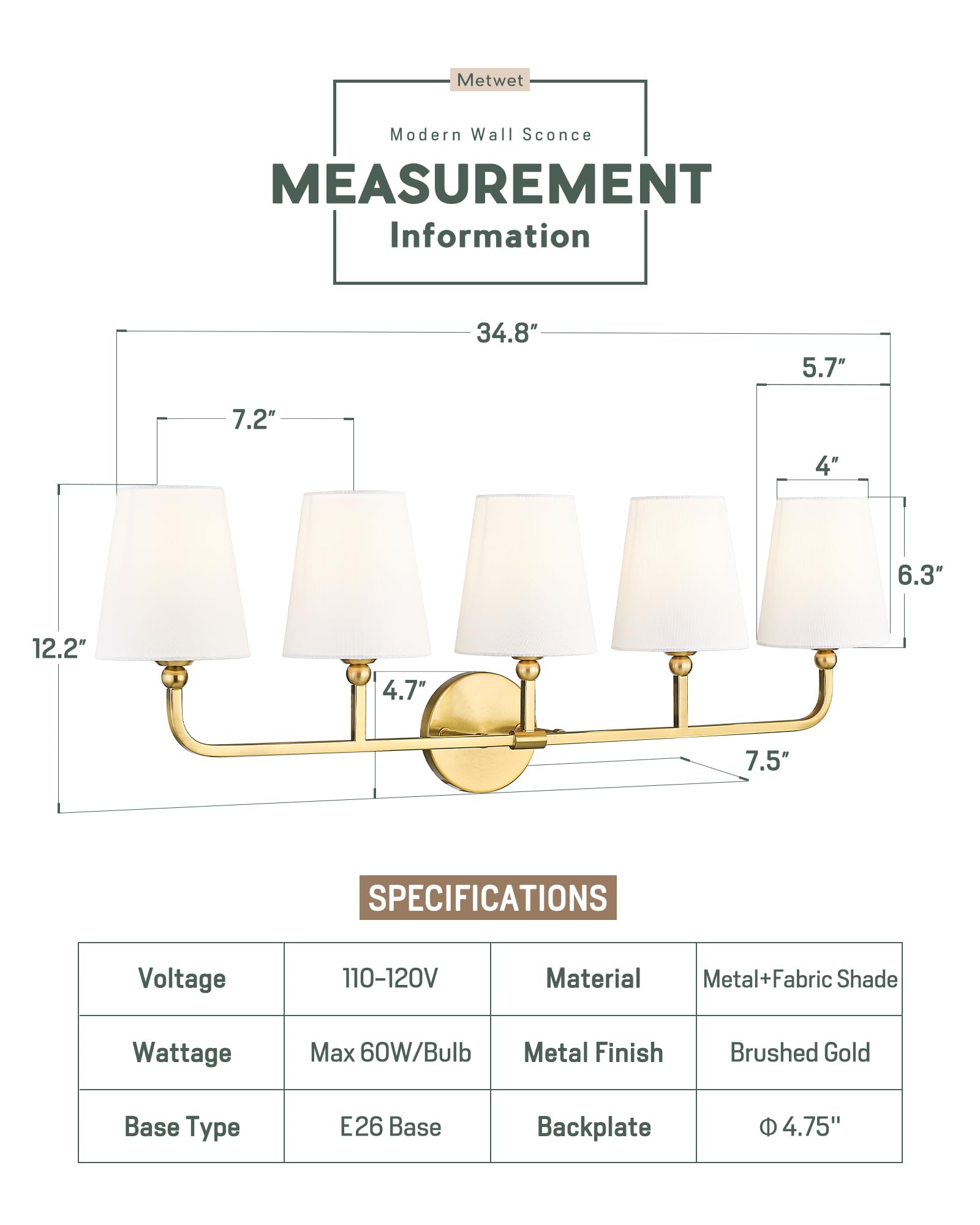 METWET 5-Light Brushed Gold Bathroom Vanity Light, White Fabric Shades