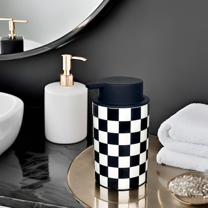 Foaming Soap Dispenser, Foam Hand Soap Dispenser for Bathroom Countertop, Modern Black and White Foamy Hand Soap Refills Bottle for Kitchen,Bathroom-Checkered Bathroom Decor