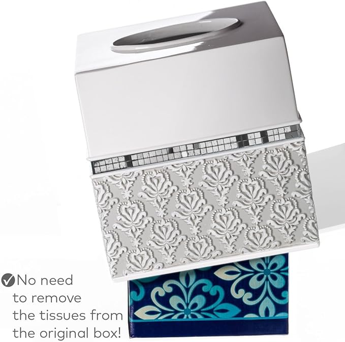 Mirror Damask White & Gray Square Resin Tissue Box Cover with Bottom Slider