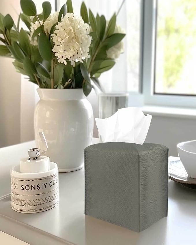 Tissue Box Cover Tissue Holder – Square Leather Tissue Cover Box with Bottom Belt [JESMINI, Dark Grey] Decorative Tissue Box Holder for Bathroom/Night Stands/Office
