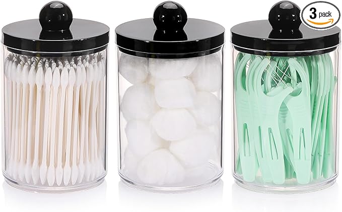 Tbestmax 10oz Qtips Holder - Bathroom Organizers and Storage Containers Plastic Apothecary Jar with Black Lids for Cotton Swab, Cotton Round Pads, Floss - Black