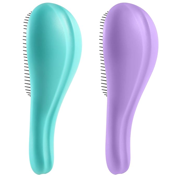 Aussumy Detangling Hair Brush Set - 2 Pack Detangler Hairbrush with Ultra Soft Bristle for Effortless Tangle Removal - For Dry Wet Damaged Curly Hair for Men Women Girls Boys Kids - Purple & Green