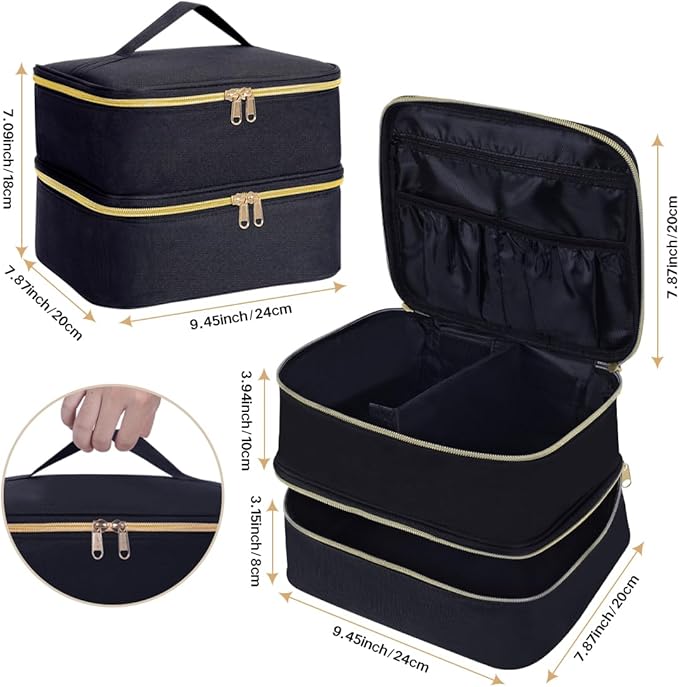 TANPADUAJI Double Layer Makeup Bag Portable Large Cosmetic Case Organizer with Adjustable Dividers Storage Travel Bag for Accessories Brushes Conditioner and Skin Care Products (Black)