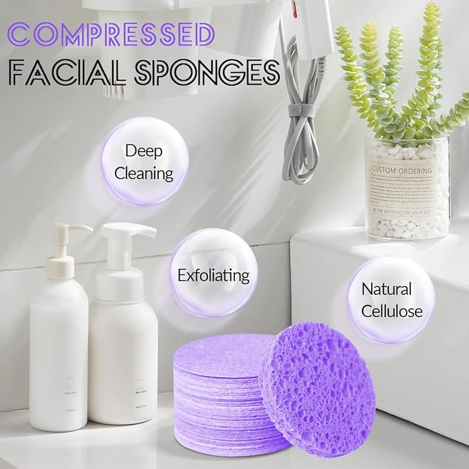 50-Count Facial Sponges Compressed Natural Cellulose Sponge Round Shape Face Sponge for Face Cleansing Exfoliating and Makeup Removal, Purple