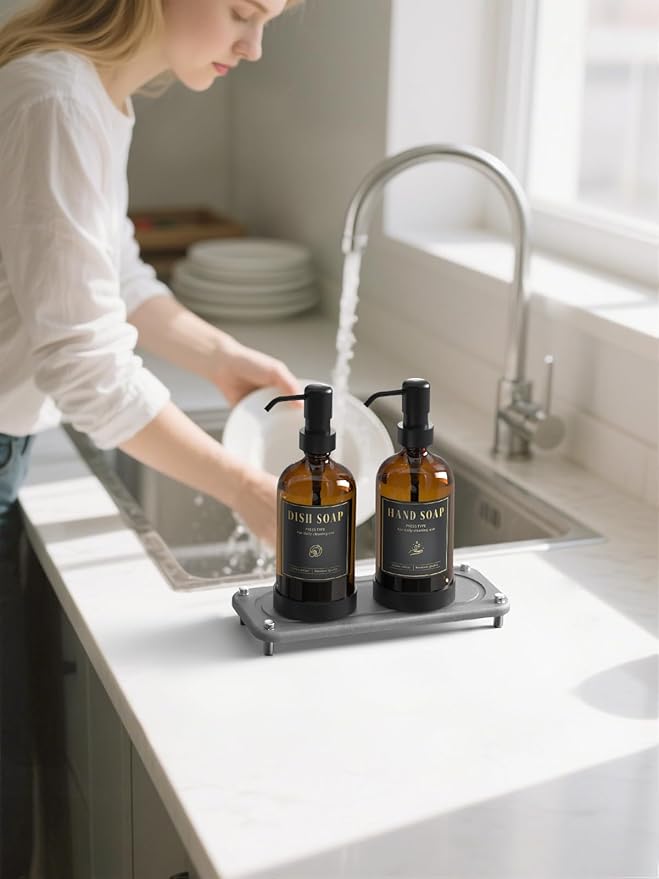 Luxspire Soap Dispenser Set, Hand Soap Dispensers with Fast Drying Tray, 17 oz Glass Refillable Liquid Bottle for Bathroom & Kitchen, Kitchen, 2 Pack, Brown + Dark Gray
