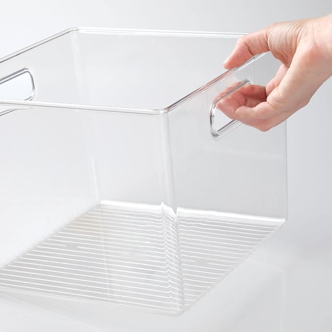 mDesign Plastic Modern Storage Organizer Bin Basket with Handles for Bathroom Organization - Shelf, Cubby, Cabinet, Vanity, and Closet Organizing Decor - Ligne Collection - Clear