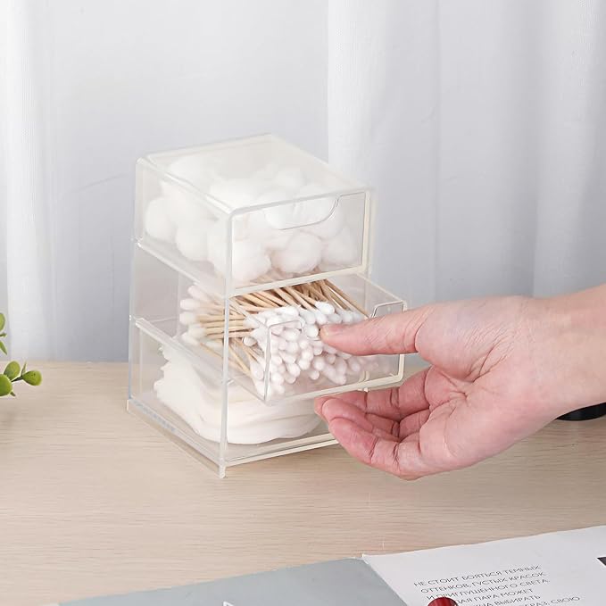 Hipiwe Acrylic Drawer Organizer Qtip Holder for Cotton Pad Cotton Swabs Makeup Storage Drawer with 3 Drawers Clear Desk Drawers Box Bathroom Counter Organizer for Home Office